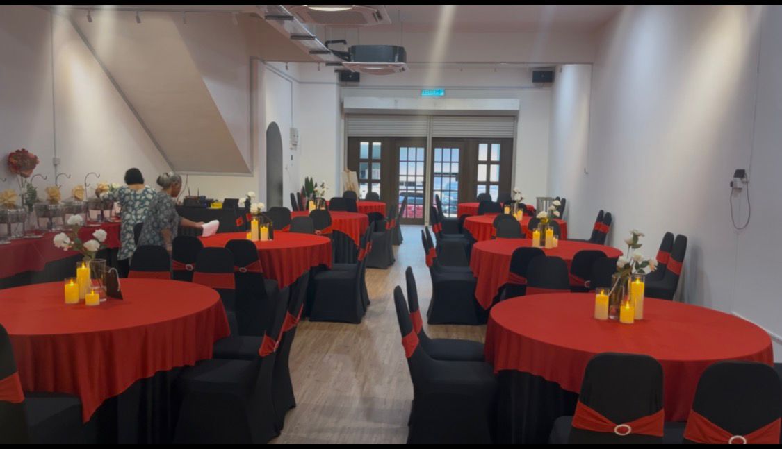 Banquet setup with red table styling
